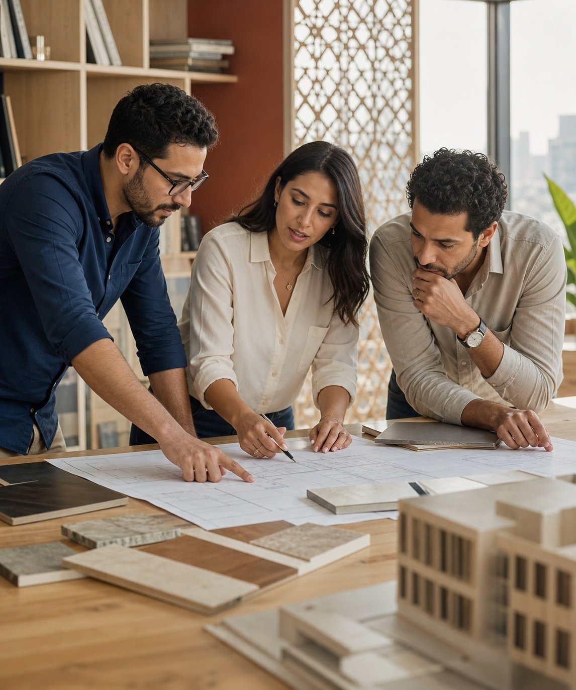 Équipe d'architectes et d'ingénieurs réunie autour d'un projet